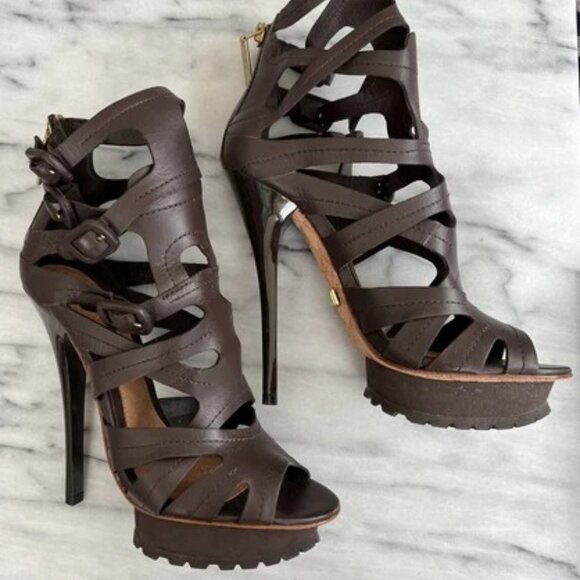 L.A.M.B. by Gwen Stefani Zan Sandals size 7.5 Dark Brown Buckle Back Zip Entry - Picture 1 of 2